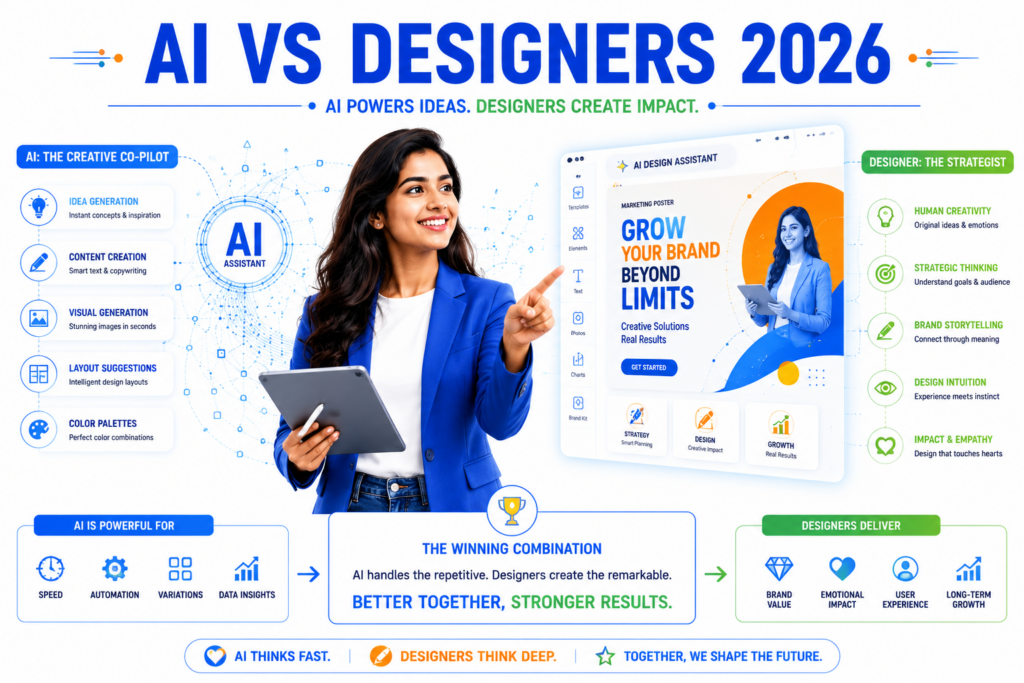 Confident female designer controlling AI to generate strategic marketing posters, learned at the best graphic designing course in Ajmer