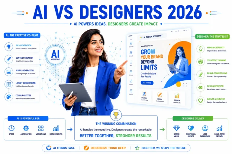 Confident female designer controlling AI to generate strategic marketing posters, learned at the best graphic designing course in Ajmer
