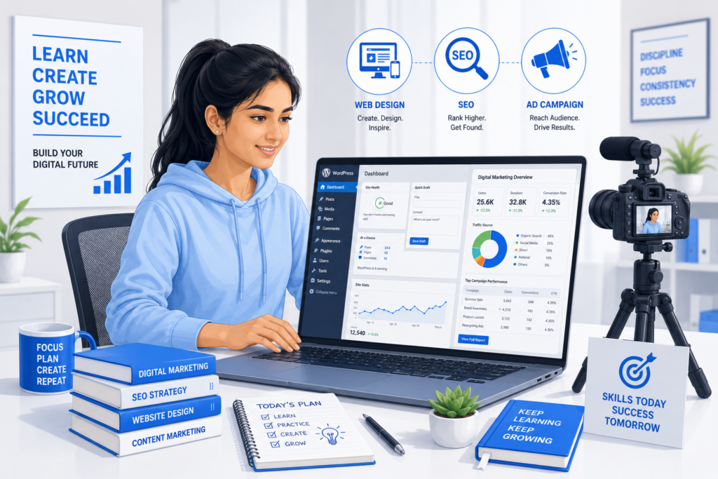 Young creator practicing practical digital marketing skills on a laptop with a portfolio