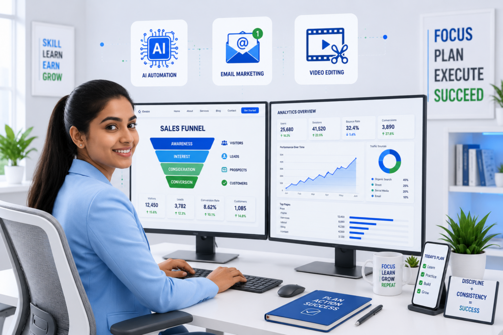 Young professional practicing high income skills like SEO, data analytics, and web design