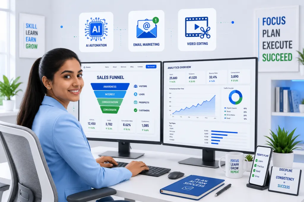 Young professional practicing high income skills like SEO, data analytics, and web design