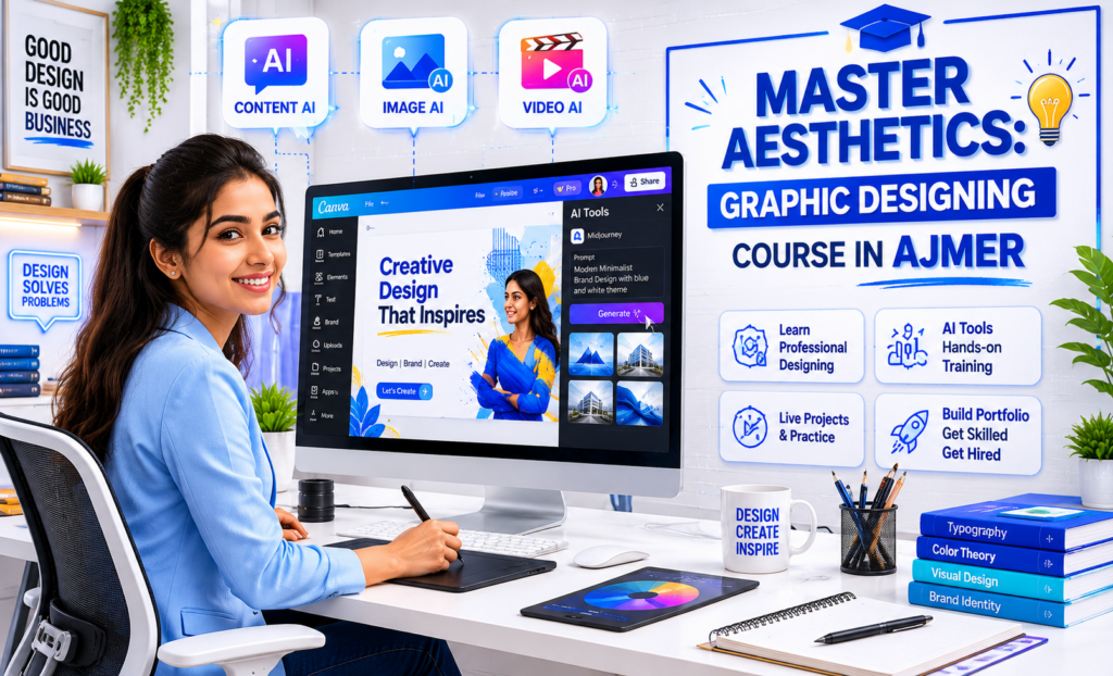 Young professional using Best AI Tools for graphic design and video editing in a modern studio environment.