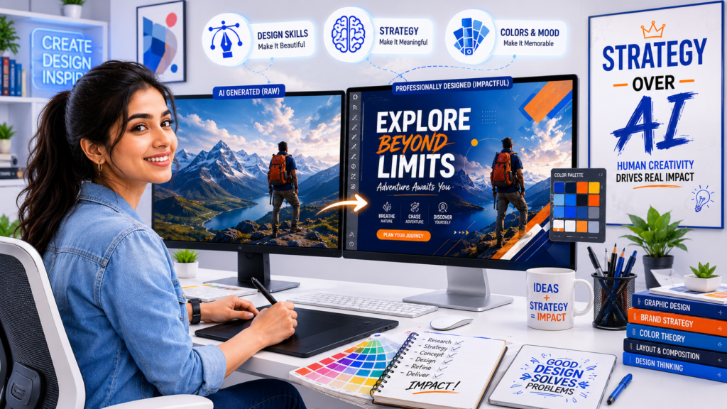 Indian female professional using advanced vector editing tools on dual monitors, showcasing skills from the best graphic designing course in Ajmer