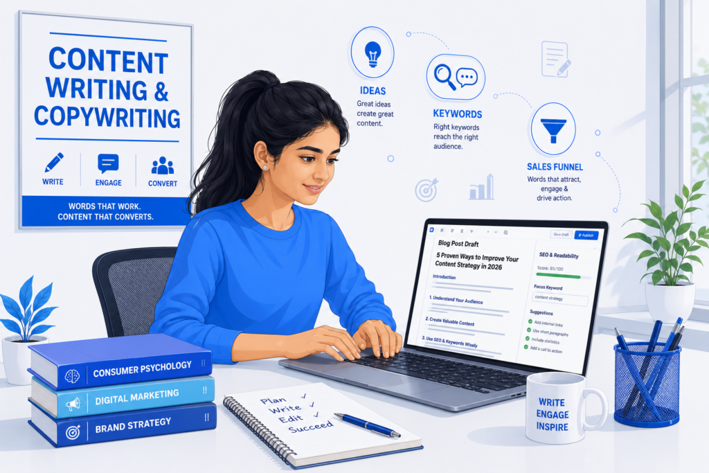 Student practicing content writing and copywriting skills as a best digital marketing course skill in 2026