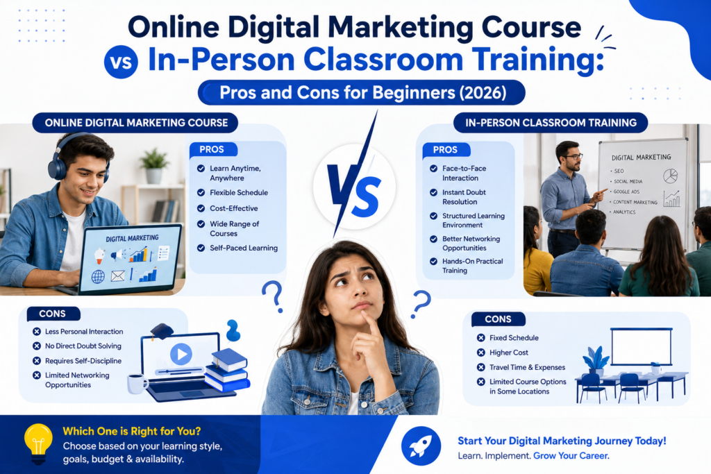 Online Digital Marketing Course vs In-Person Classroom Training: Pros and Cons for Beginners (2026)