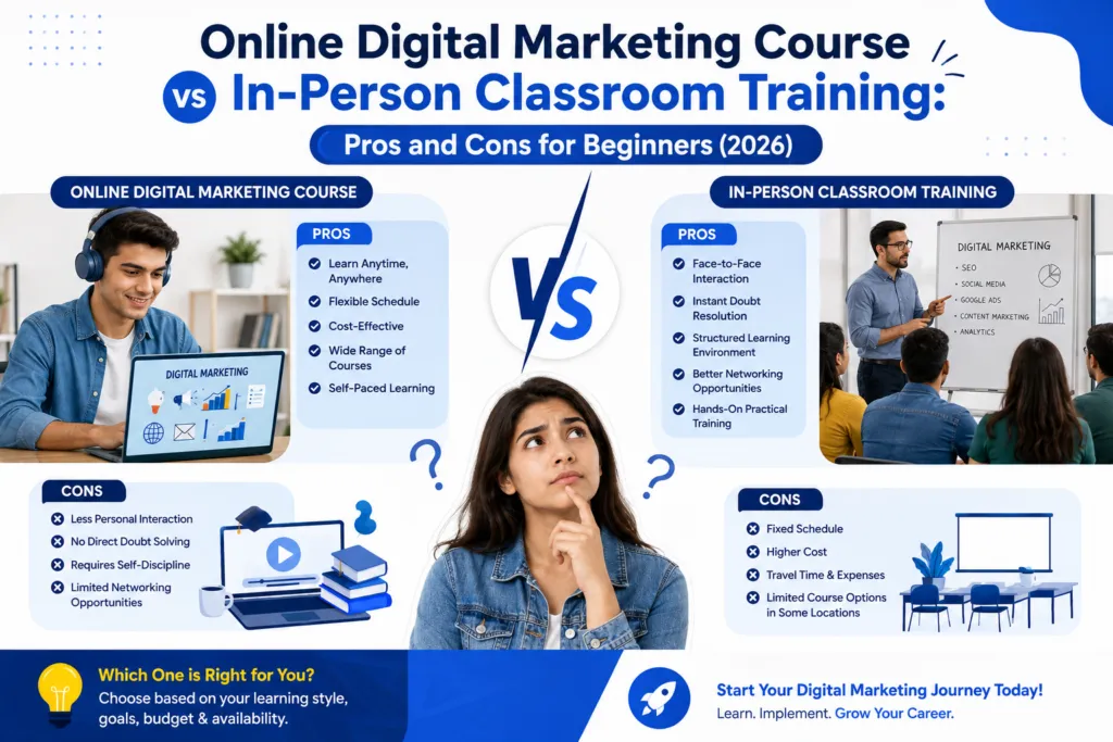 Online Digital Marketing Course vs In-Person Classroom Training: Pros and Cons for Beginners (2026)